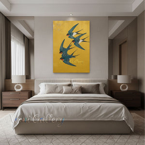 Art Nouveau Swallows Painting | Handmade Golden Wall Art #SS277