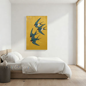Art Nouveau Swallows Painting | Handmade Golden Wall Art #SS277