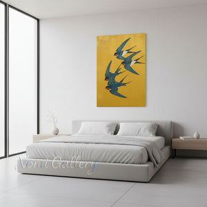 Art Nouveau Swallows Painting | Handmade Golden Wall Art #SS277