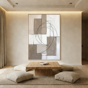 A hand-painted minimalist oil painting featuring overlapping beige and taupe geometric squares with thin black intersecting circular arcs, styled in a warm modern living room.