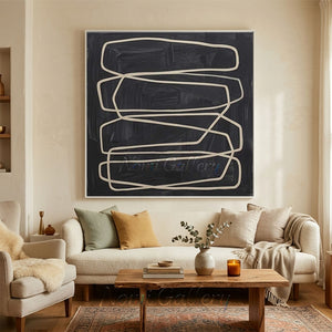 Hand-painted minimalist abstract oil painting featuring continuous, layered horizontal beige lines looping across a heavily textured charcoal black background.