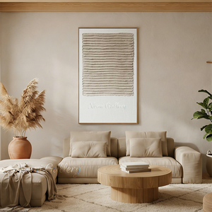 Handmade minimalist Wabi-Sabi oil painting featuring a square section of raised 3D horizontal textured impasto lines in sand beige on a clean white canvas background.
