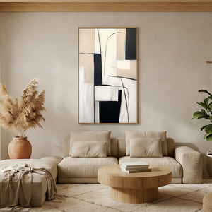Modern Geometric Line Wall Art | Black & Beige Abstract Oil #SS142