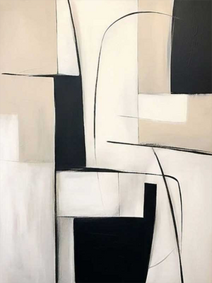 Modern Geometric Line Wall Art | Black & Beige Abstract Oil #SS142