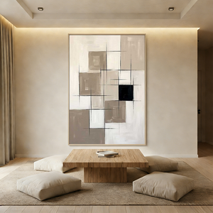 A hand-painted 3D textured oil painting featuring vertical ridges on the left, a beige rectangular block in the center, and black curved lines on the right, styled in a minimalist modern room.