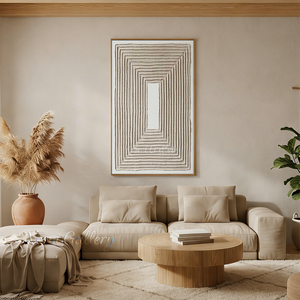 Handmade minimalist Wabi-Sabi oil painting featuring concentric geometric rectangles with raised 3D textured impasto lines in a neutral oatmeal color on a cream background.