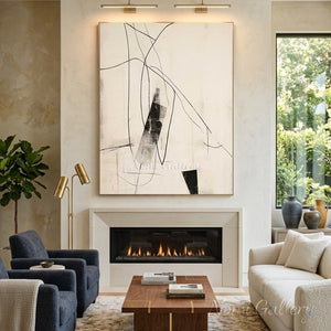 Handmade minimalist abstract canvas painting featuring thin flowing black lines interlaced with textured translucent black geometric shapes on a warm cream-colored background.