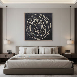 Minimalist Swirl Rose Lines Textured Black Hand-Painted Oil Canvas #SS244