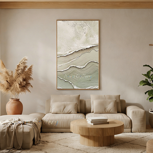 Handmade minimalist Wabi-Sabi abstract painting featuring raised 3D textured impasto ridges resembling organic ocean waves and shorelines in sage green, beige, and white.