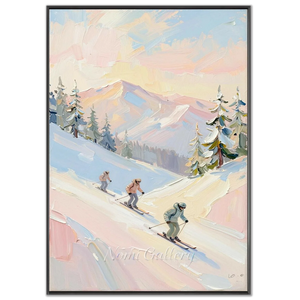Textured Skiers on Snowy Mountain Landscape Oil Painting #NM566