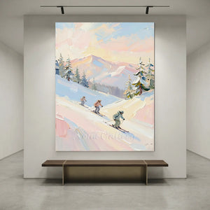 Textured Skiers on Snowy Mountain Landscape Oil Painting #NM566