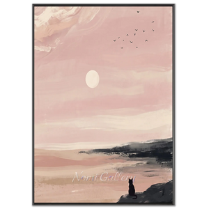 Dreamy Pink Sunset Seascape with Contemplative Cat #NM571