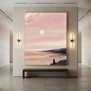 Dreamy Pink Sunset Seascape with Contemplative Cat #NM571