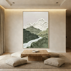 Hand-painted abstract oil painting with heavy 3D textures in various shades of green, including emerald and sage, resembling a forest floor, styled in a modern living room with natural wood furniture.