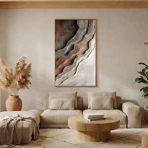 Hand-painted 3D textured abstract wall art featuring undulating waves in terracotta and beige, styled in a modern Boho living room above a beige sofa.