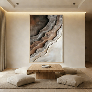 Hand-painted 3D textured abstract wall art featuring undulating waves in terracotta and beige, styled in a modern Boho living room above a beige sofa.