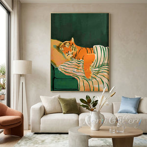 Handmade modernist oil painting showing an anthropomorphic orange tiger sleeping peacefully in a dark green bed, resting on a yellow pillow, and tucked under a striped green and white blanket.