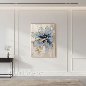 Textured Gold Foil Blue Floral Hand-Painted Abstract Oil Painting #SS214