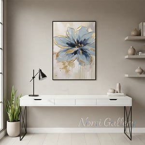 Textured Gold Foil Blue Floral Hand-Painted Abstract Oil Painting #SS214