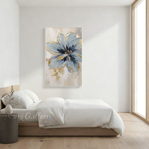Textured Gold Foil Blue Floral Hand-Painted Abstract Oil Painting #SS214