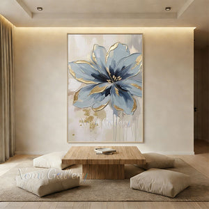 Textured Gold Foil Blue Floral Hand-Painted Abstract Oil Painting #SS214