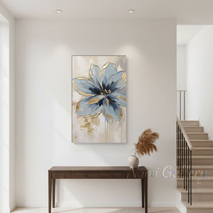 Textured Gold Foil Blue Floral Hand-Painted Abstract Oil Painting #SS214