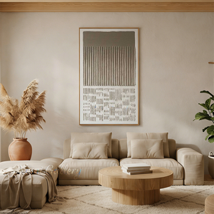 Handmade minimalist Wabi-Sabi oil painting featuring a dark brown top block above rows of vertical 3D textured impasto lines and abstract rustic patterns in a neutral beige color.