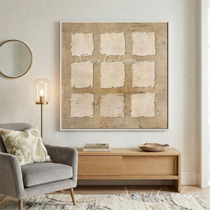 Hand-painted minimalist Wabi-Sabi oil painting featuring a 3 by 3 grid of nine heavily textured white squares with raw, deckled edges over a mottled, warm beige and earthy brown background.