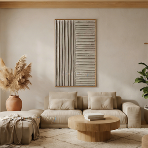 Handmade minimalist Wabi-Sabi oil painting showcasing a dual-patterned design with vertical 3D textured impasto ridges on the left and horizontal lines on the right in a taupe earth tone.