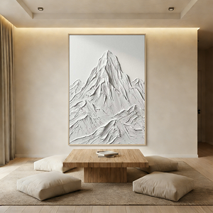 A hand-painted 3D textured oil painting in all-white, showing sculpted mountain peaks with heavy impasto ridges, styled in a minimalist Zen-inspired living room.