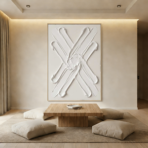 A hand-painted 3D white oil painting with layered horizontal and vertical geometric textures, creating a sculptural relief effect, styled in a minimalist sunlit living room.