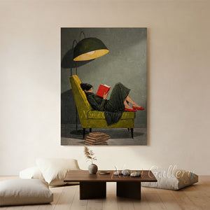 Elegant handmade classicism oil painting of a woman with dark hair tied up, relaxing in a mustard yellow armchair under a green floor lamp while reading a red book, with a stack of old books on the floor.